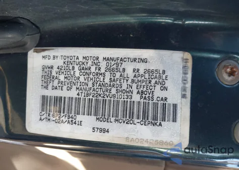 1997 Toyota Camry Le V6 из США, поврежденный, VIN 4T1BF22K2VU910133